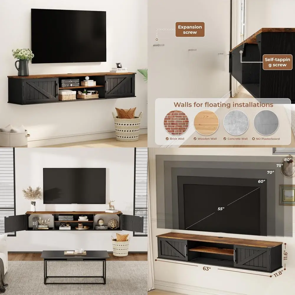 حامل تلفزيون عائم على طراز المزرعة مقاس 63 بوصة مع مساحة تخزين من طبقتين لأجهزة التلفاز حتى 80 بوصة #1