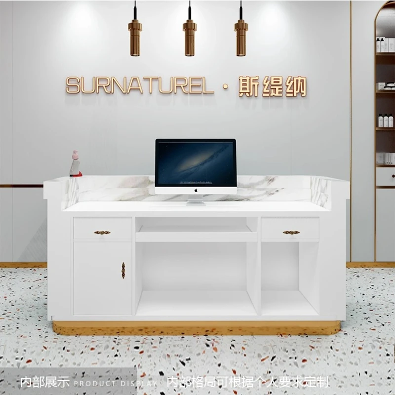 Contadores de caja modernos de lujo ligeros, contadores de caja en forma de arco para peluquería tipo mármol, muebles de recepción Cajero JT40C