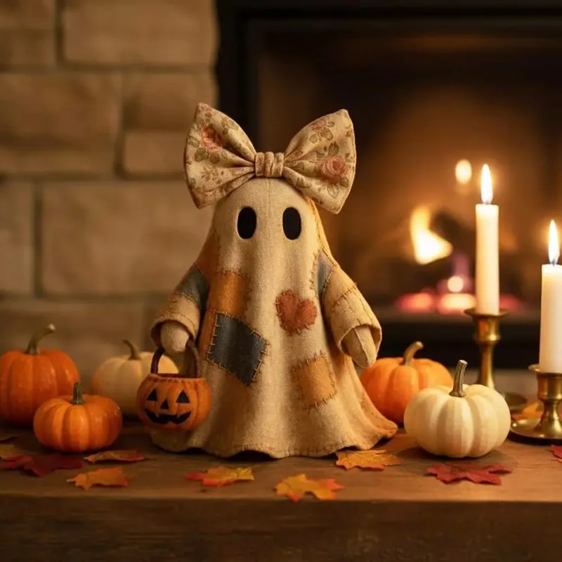 Patchwork Ghost Halloween Decoration Fabric Ghost Centerpiece Vintage Patchwork Ghost Halloween Decor with Pumpkin for Spooky