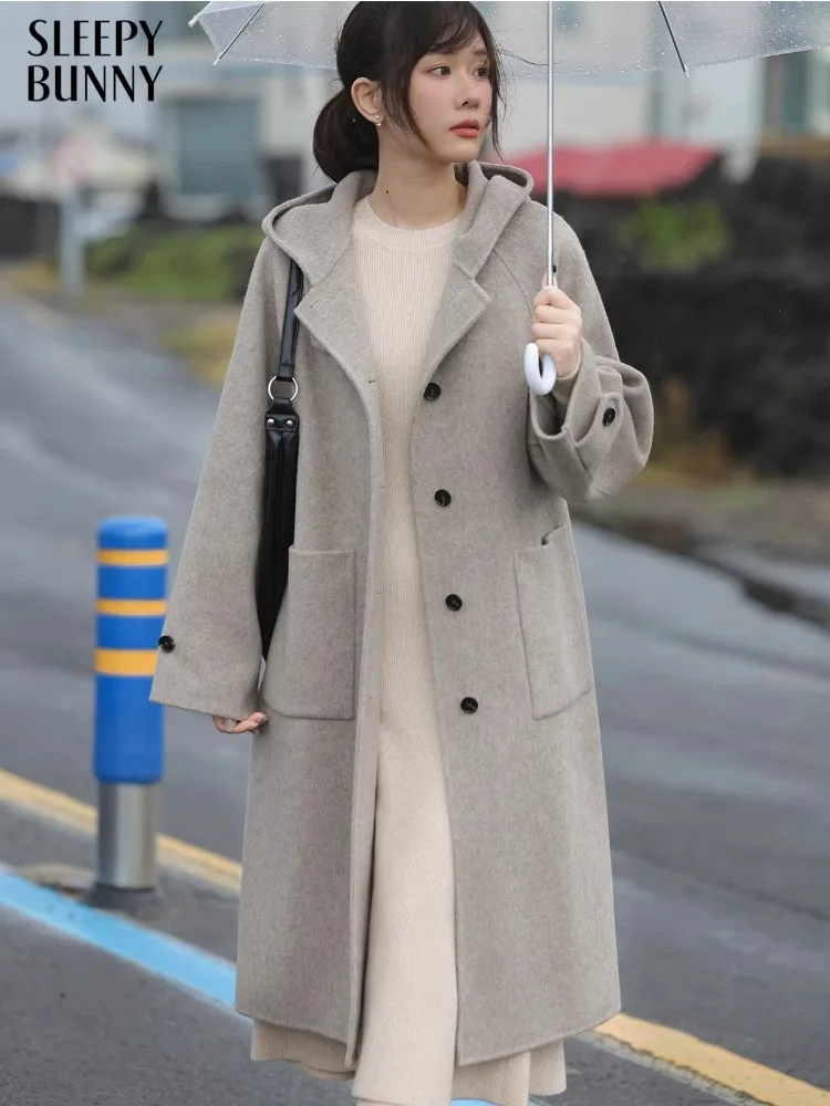 

Pure Wool Hooded Coat for Women Handmade Double-Faced Long Overcoat Winter Elegant Warm Wool Outerwear Minimalist Timeless Style