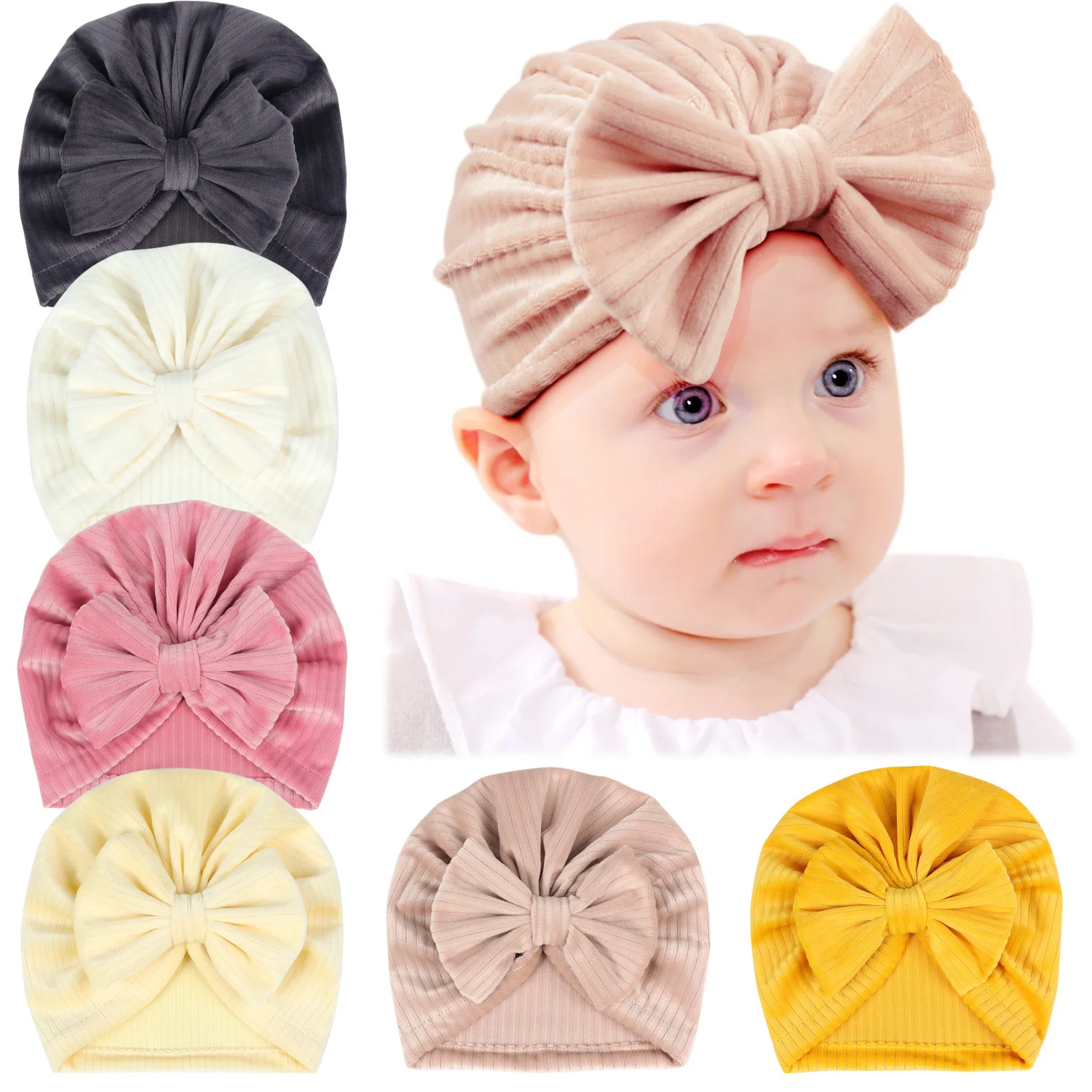 

12 PCS/Lot 2023 New Corduroy Knot Bow Baby Beanie Hat Infant Toddlers Ear Warmer Turban Headwrap Baby Hair Accessories