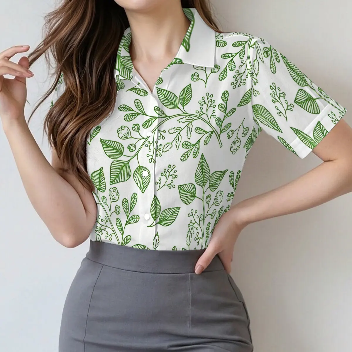 

Women's summer short-sleeve shirt with fresh plant patterns, vibrant and energetic, suitable for outdoor outings,business social