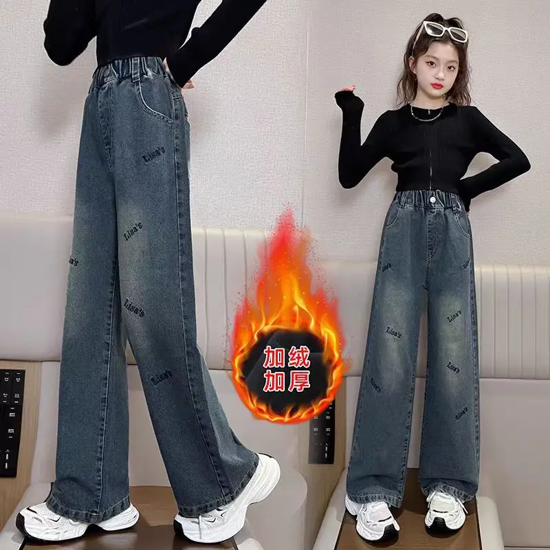 

Child Winter Warm Fleece Lined Jeans with Bow for Girls Loose Straight Insulated Denim Pants Kids Casual Thick Thermal Trousers