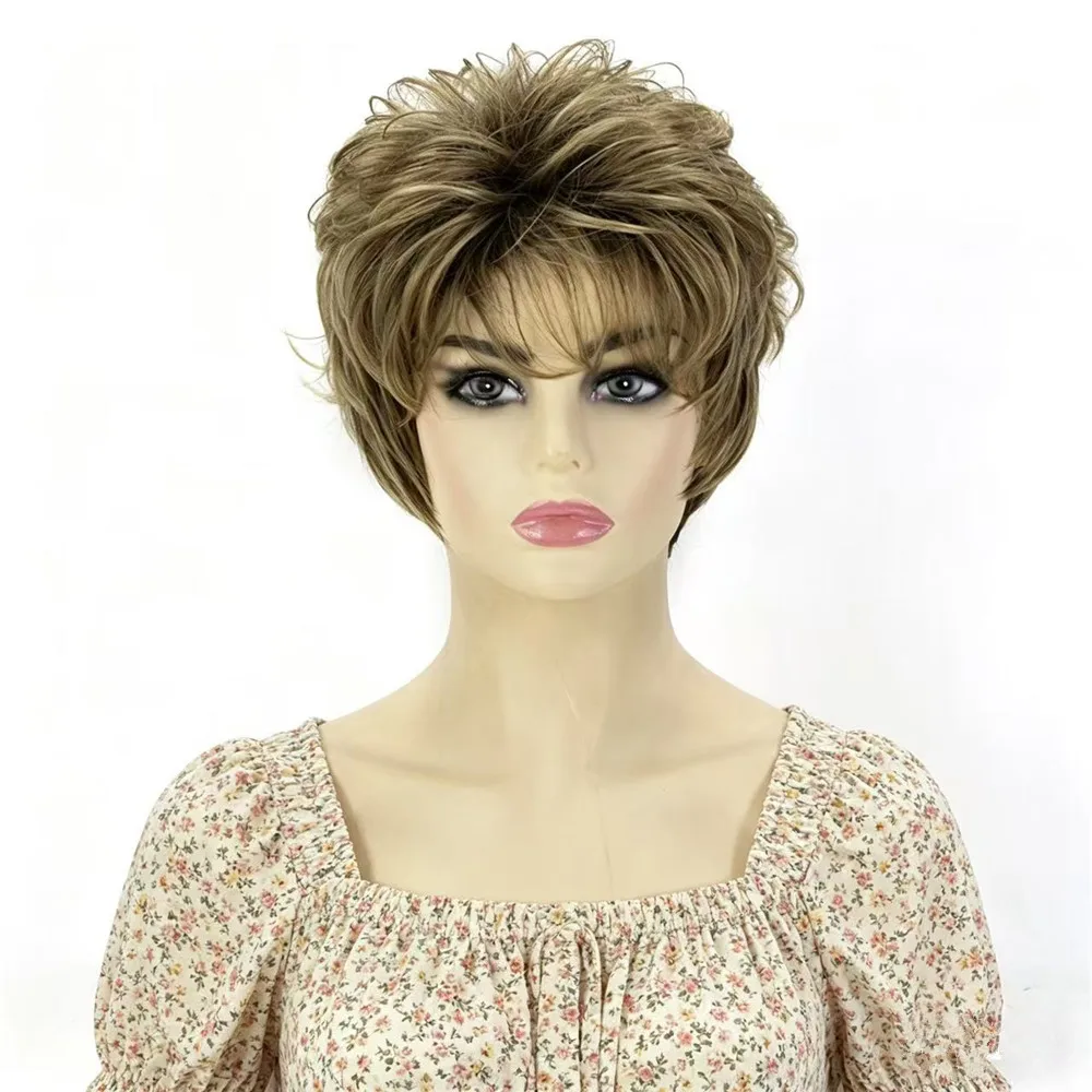 

Short Curly Wig for Women Synthetic Heat Resistant Pixie Cut Wig Natural Layered Fluffy Short Hair with Bangs Ombre Brown Daily