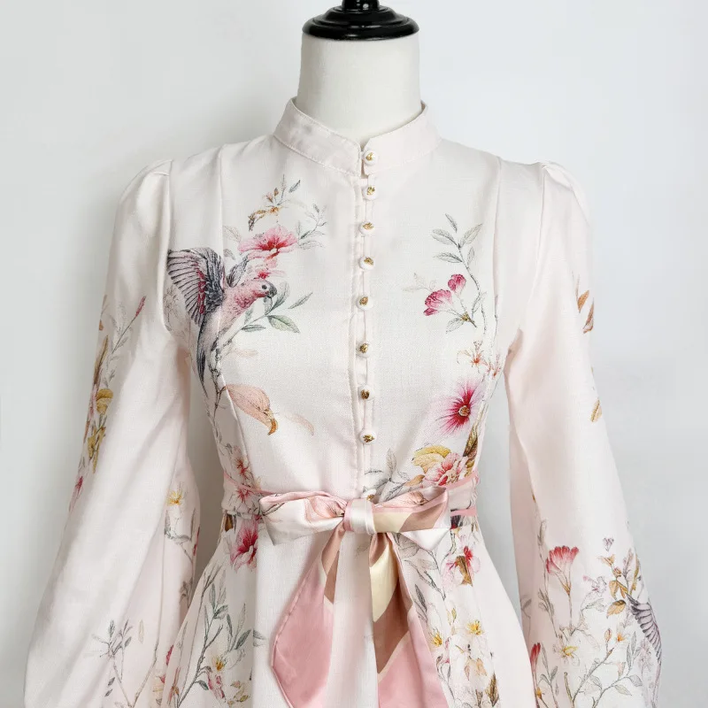 Ele Flird imprimé Midi Dr col montant lanterne Sve rose printemps été nouveauté australien Sle femmes Dr