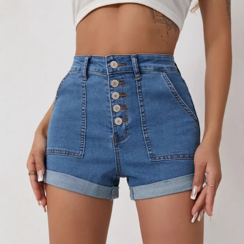 

Denim Shorts Women Pant Buttons Duffed Jeans Vintage Slim Fit High Waist Straight Trousers Y2k Streetwear Beach Casual Summer