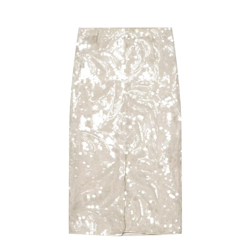 KEYANKETIAN 2026 Minimal Glam Sequin Midi Skirt Ladies High Waist Straight Cut With Back Slit Subtle Shimmer Party Skirt