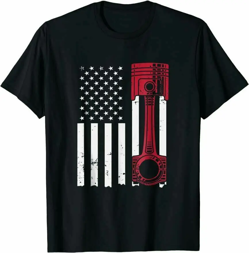 Car Enthusiast American Flag Piston Muscle Car T-Shirt, Size M - 3XL