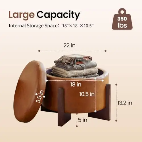Leather Ottoman with Storage and Ash Wood Legs, Modern Foot Stool，Round Storage Ottoman Coffee Table for Living