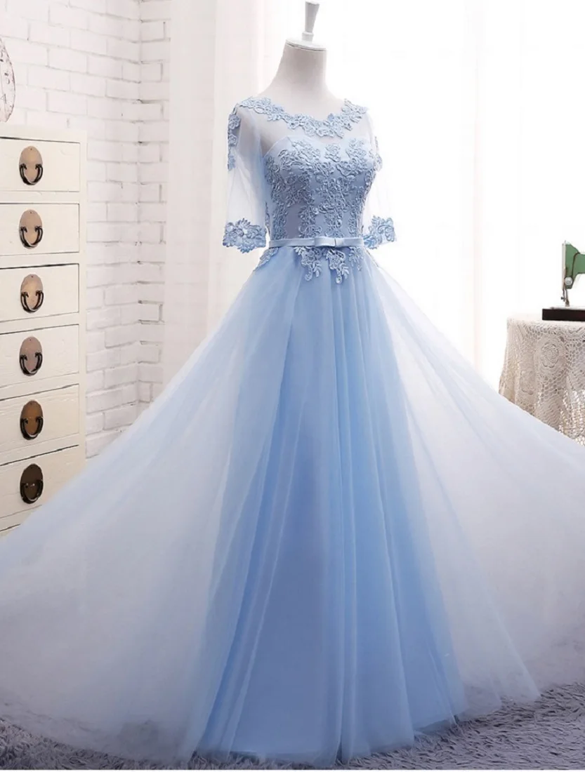 

Long Evening Dresses Appliques Lace half sleeves Tulle see through style Wedding Party Dres Prom Formal A Line Gowns