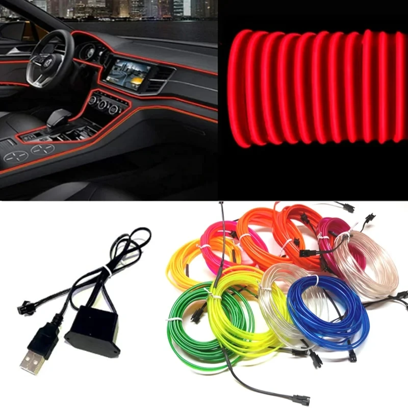 

1M/2M/3M/5M Car LED Interior Lights Flexible Neon Light Strip Car Decoration Atmosphere Lamp Wire Rope Tube Line 5V USB Drive