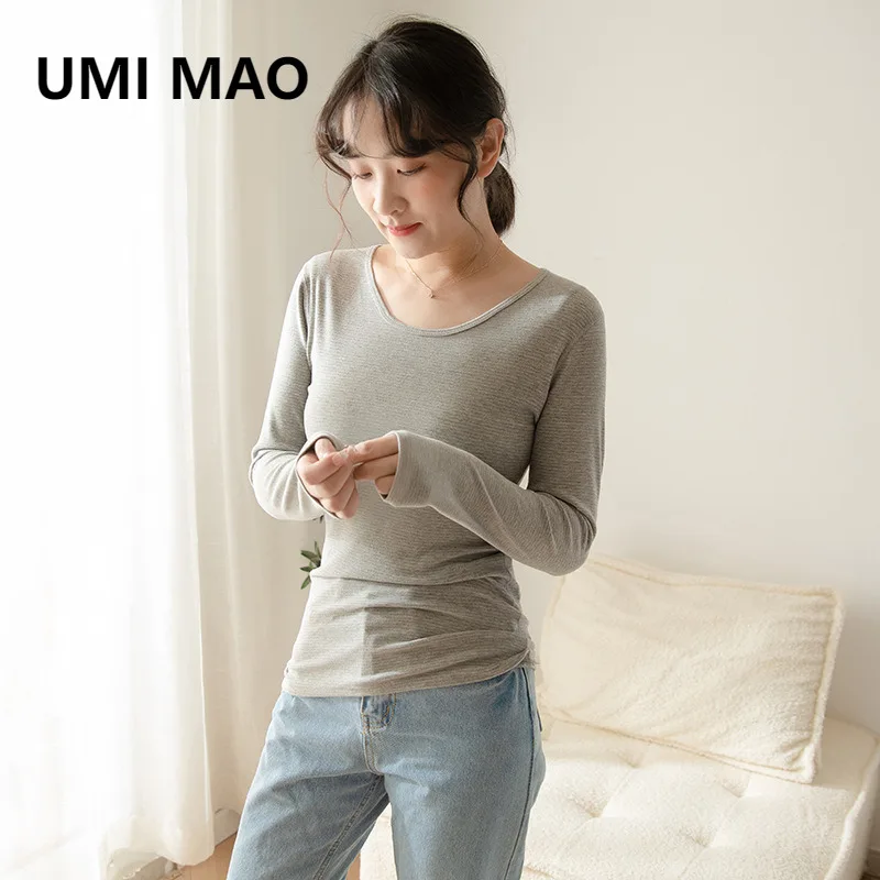

UMI MAO Осенняя новая облегающая футболка для похудения с городской мериносовой шерстью в полоску с круглым вырезом, женская футболка в ленивом стиле, женский топ с длинным рукавом