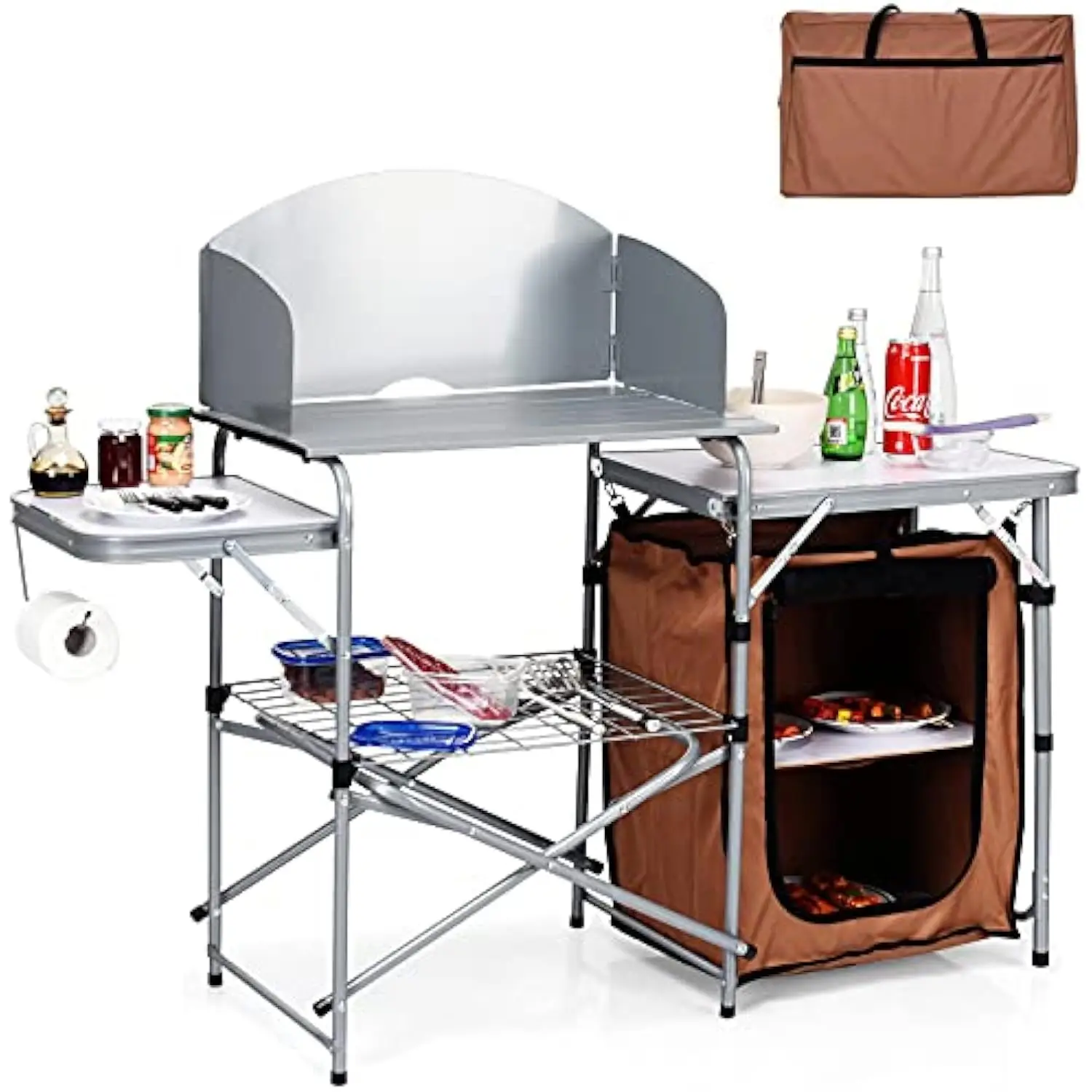 

Folding Grill Table with 26'' Tabletop and Detachable Windscreen, Aluminum Portable Camp Cook Station Carry Bag Quick Set-Up,