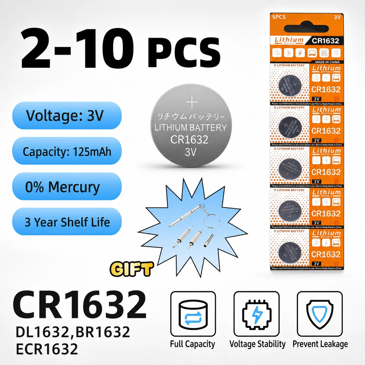 CR1632 3V Lithium Button Coin Cells, 2-10PCS for Car Remote Control Watch, Compatible with DL1632 BR1632 KCR1632 ECR1632 Battery