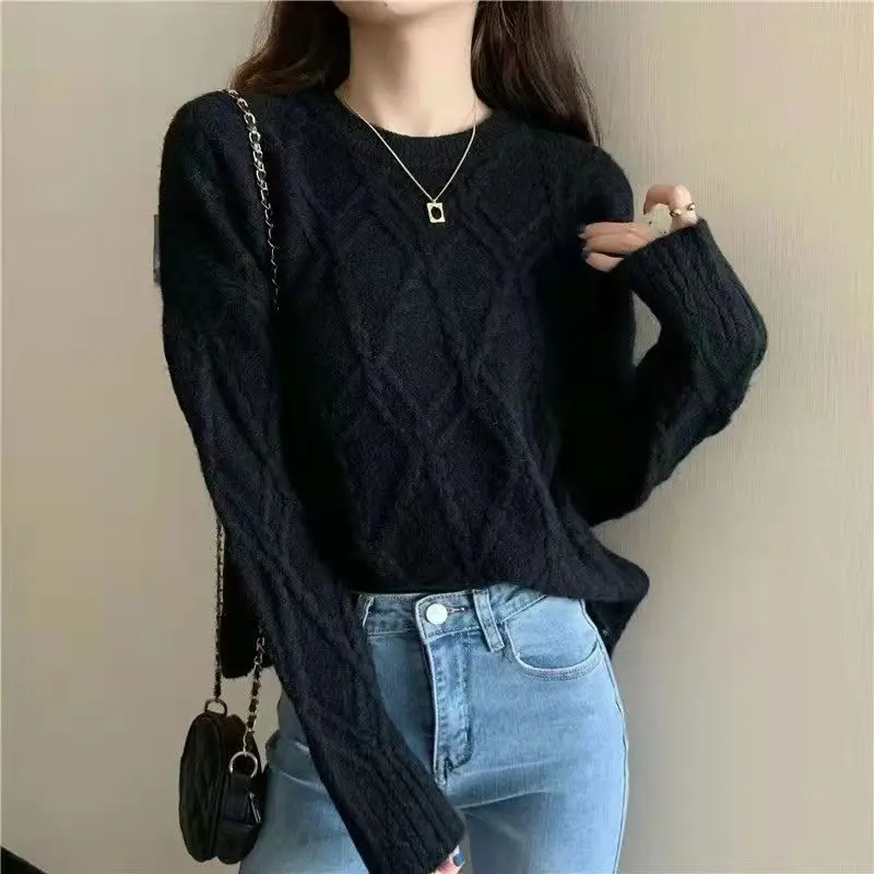 Women\'s Solid Pullover Round Neck Screw Thread Plaid Twists Sweater Autumn and Winter Loose Vintage Long Sleeve Sweater Tops