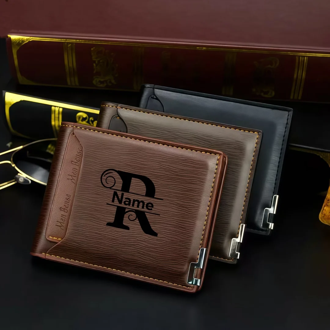 Personalized Wallet for Men Custom Wallets for Men Engraved Letter Name Leather Wallet Bifold Custom Gifts for Dad/Husband