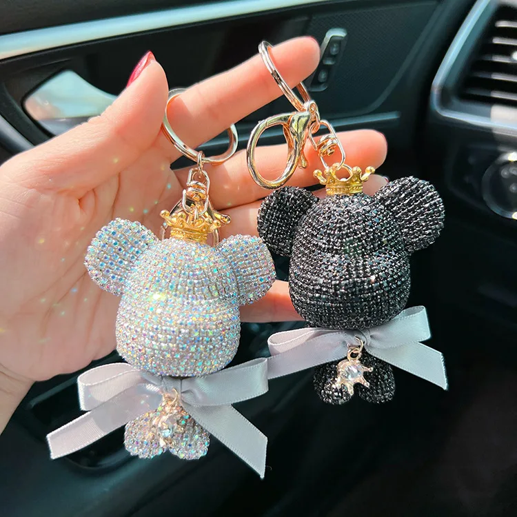 Fashionable full diamond crown violent bear keychain creative bow cute doll car key chain exquisite gift