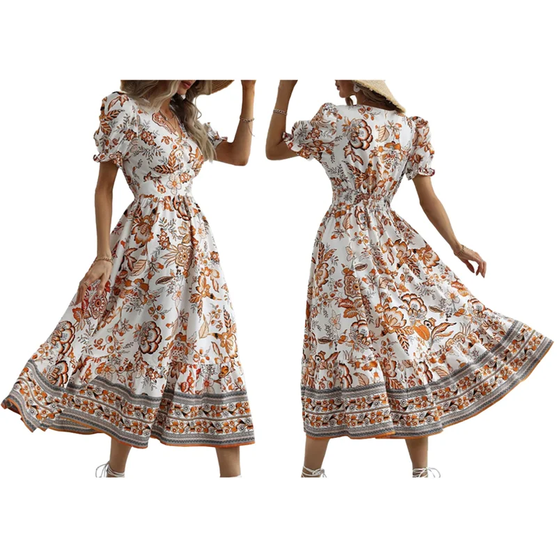 Robe longue et fluide pour femmes, manches bouffantes, style Boho, imprimé Floral, décontractée, été 2025