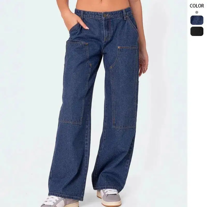 

Loose Wide-leg Silhouette Niche Women's Studded Double-knee Flared Workwear Jeans Casual Straight-leg Pants For Women