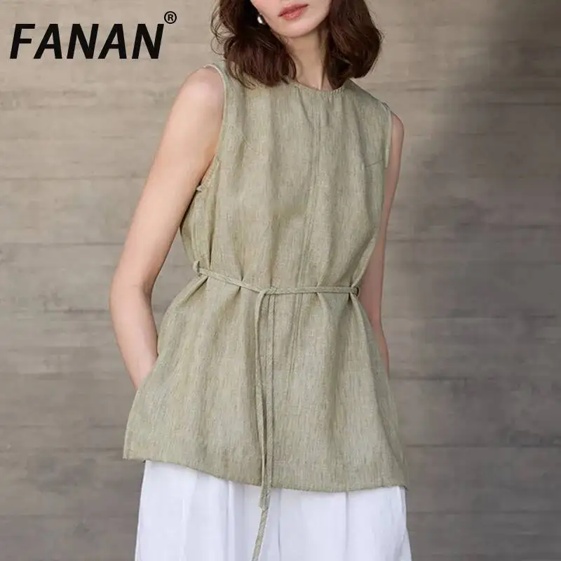 FANAN Drawstring Gathered Waist Vest For Women Round Neck Sleeveless Minimalism 100% Linen Tops Female 2026 Summer New