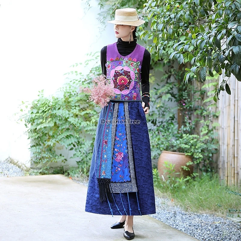 2025 new chinese ethnic style mid-length women skirt large swing featuring patchwork design embroidery elastic waist retro skirt