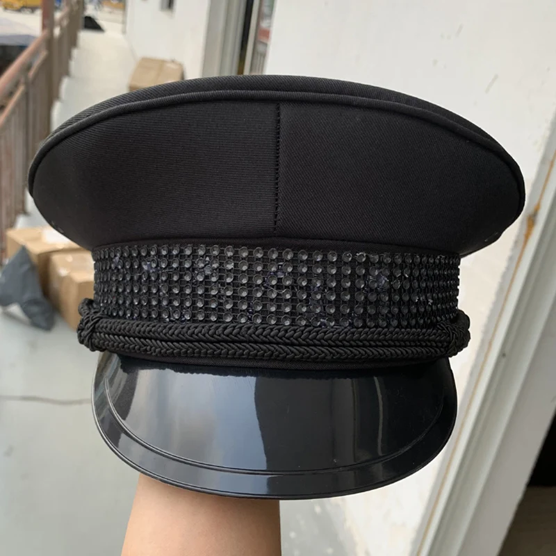 Women Men Black Military Hat Police Sergeant Sailor Cap Prom Performance Bar Cosplay Show Captain Hat Party Cos Accessories