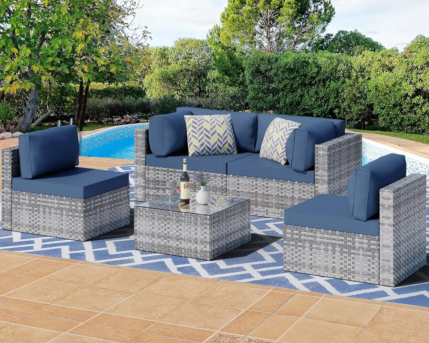 Shintenchi 5 Pieces Outdoor Patio Sectional Sofa Couch, Silver Gray PE Wicker Furniture Conversation Sets with Washable Cushions