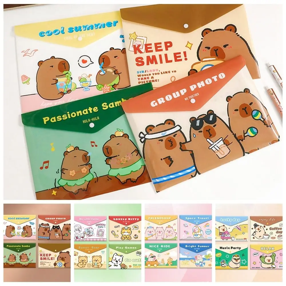 4pcs/set Waterproof Capybara A4 File Bag Moisture-proof Multifunction Archives Bag Press Button Durable Cartoon File Folder