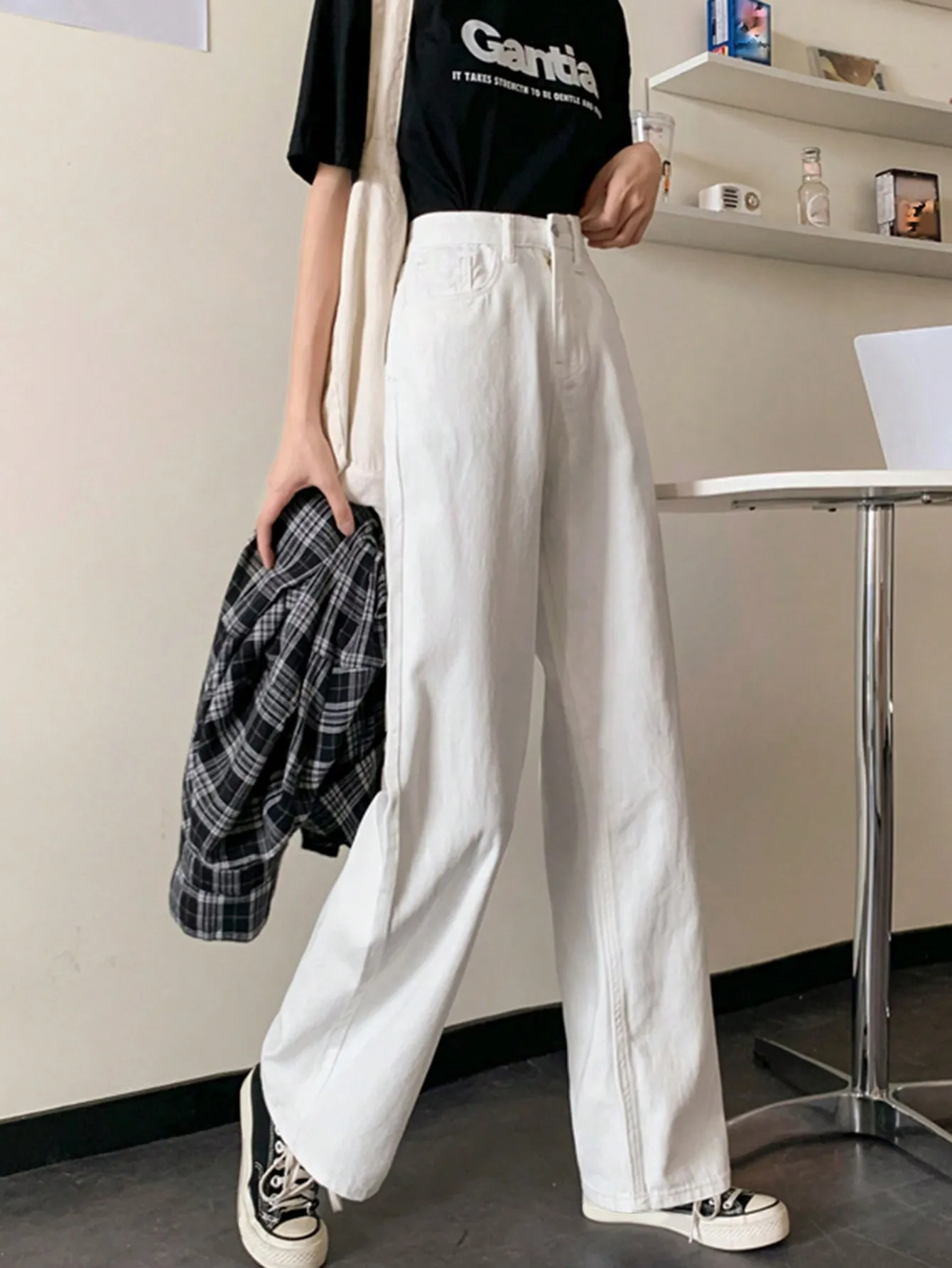 Pantalones vaqueros coreanos elegantes de pierna ancha para mujer, pantalones rectos blancos pequeños de cintura alta con aspecto adelgazante, pantalones de nueve puntos