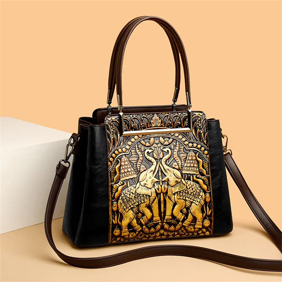 New Vintage Embossed Handmade Handbag For Women Versatile PU Leather Shoulder Bag 3 Layers Large Capacity Crossbody Bags Female