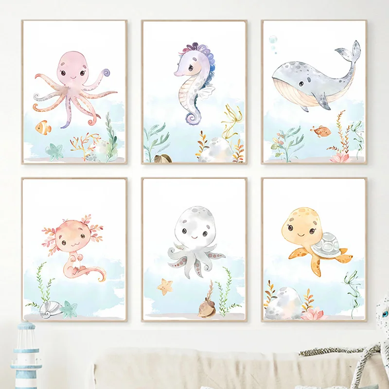 1pc frameless Canvas Painting Watercolor Marine Animal Nursery Wall Art Canvas Painting Whale Octopuse Turtle Posters And Prints