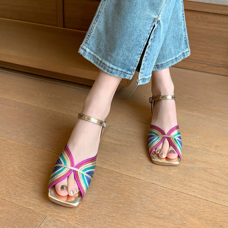 Summer Women Sandals Split Leather Shoes for Women Square Toe Chunky Heel Shoes Fashion Narrow Band Sandals Solid Handmade Shoes