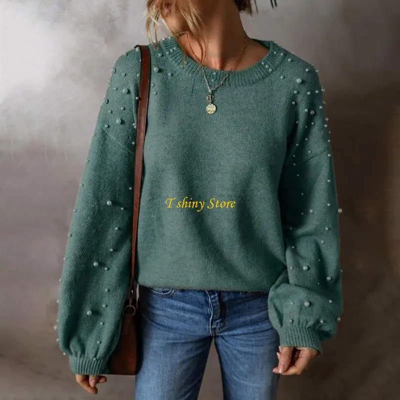 

N58F Pearl Sweater for Women Sleeve Drop Shoulder Crewneck Sweatshirt Knit Pullover Sweaters with Pearls