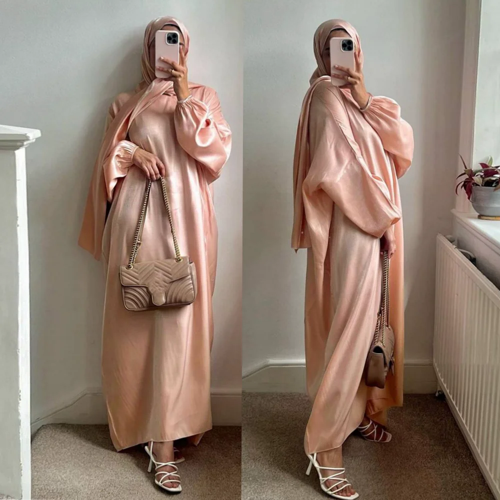 Ramadan Satin Abaya for Women, Summer Muslim Maxi Dress with scarf, Batwing Sleeve, Dubai Turkey Robe, Islam Kaftan