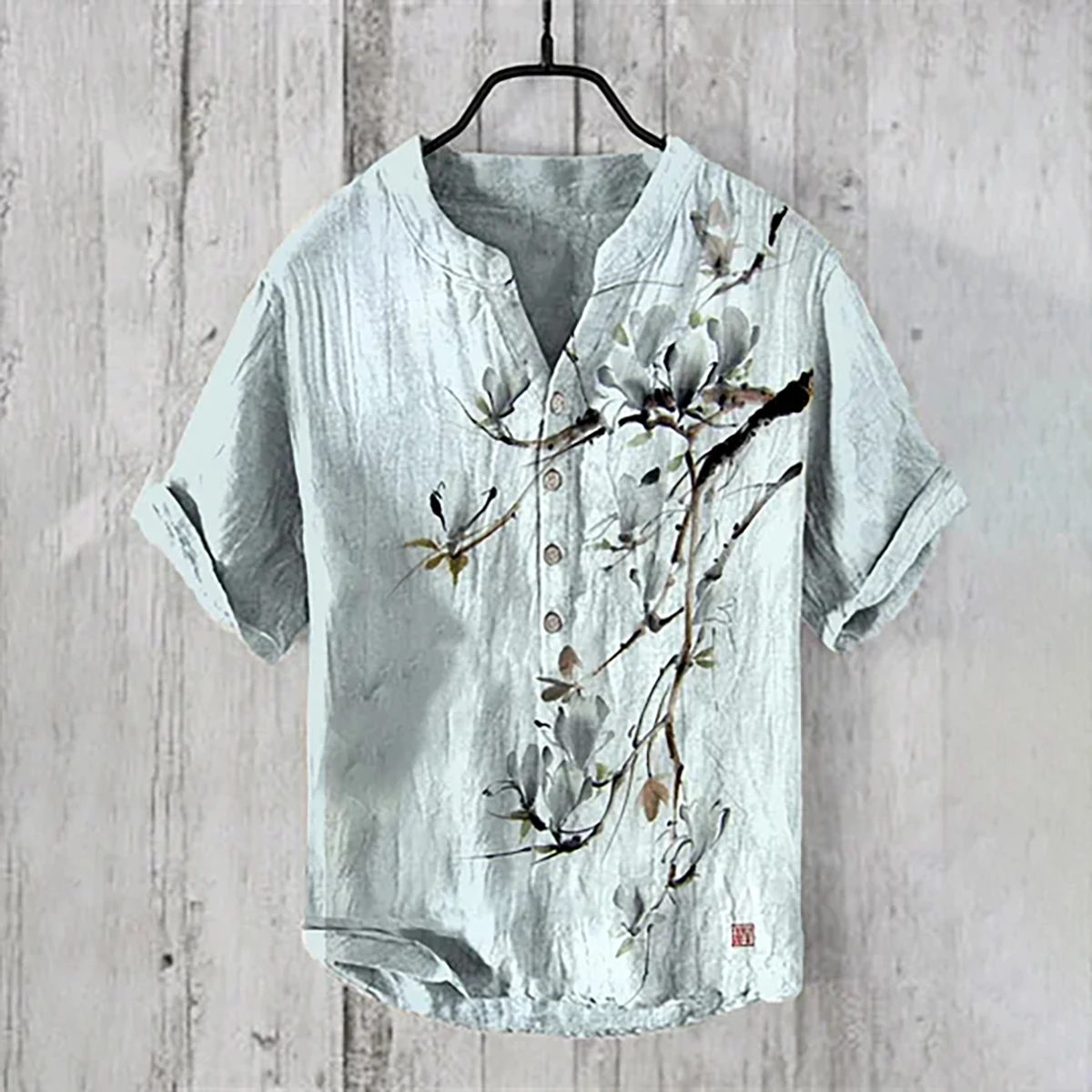 Camisa masculina manga curta de linho, estampa flor de ameixa, decote em v na moda, camisa casual solta e confortável, S