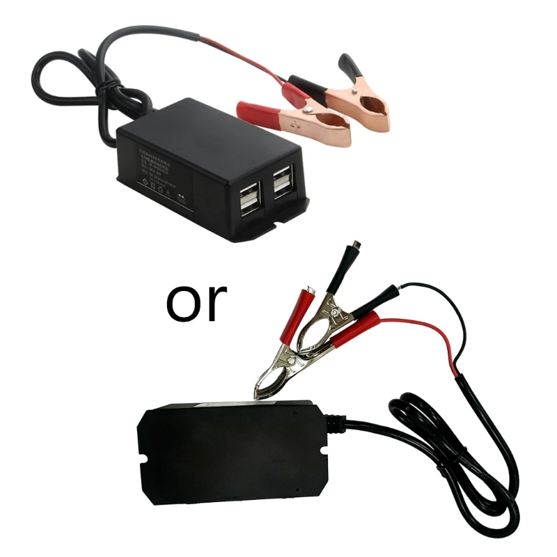 DC Power Adapter with Battery Clip 12V Vehicle USB Charger for Cellphone 4 Ports Automatically Identify Shunt Charging