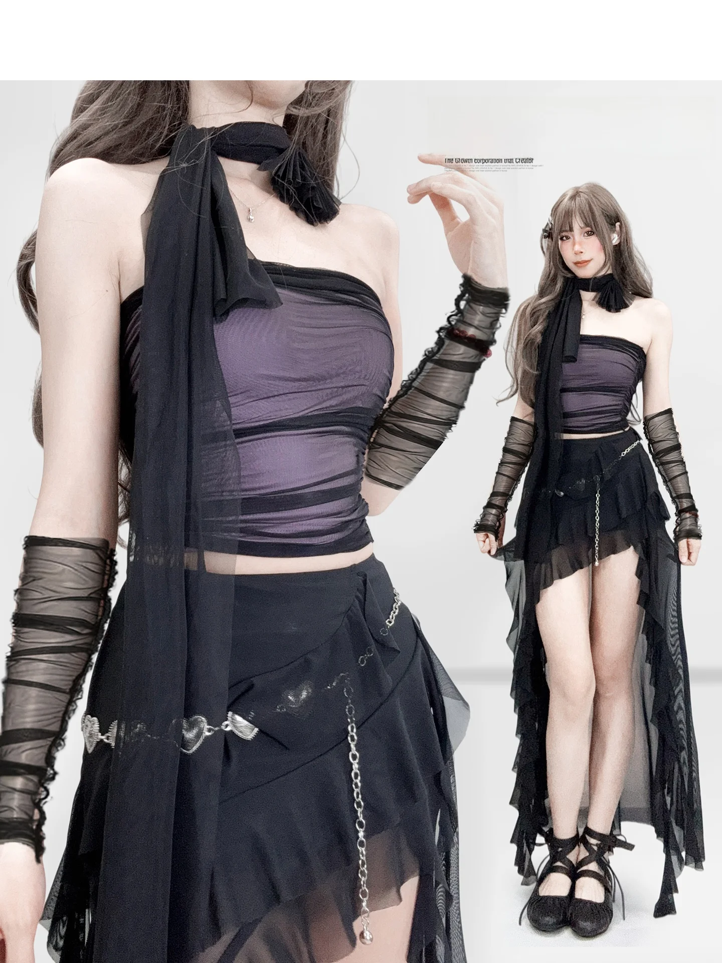 

Y2K Dark Concert Mesh Purple Strapless Vest Sleeve Covers Short Slim Fit Sleeveless Retro Top Women's Fashion Outerwear