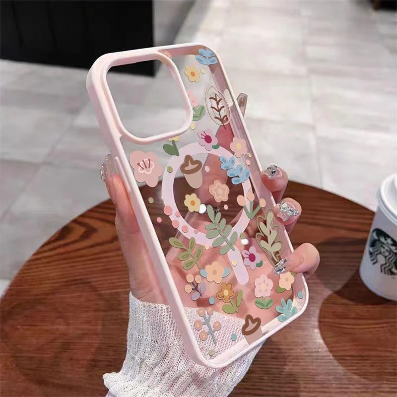 Capa de Celular S26Ultra com Design Floral Fofo para Carregamento Sem Fio MagSafe para Samsung Galaxy S25 S24 S23Plus FE A57 A37 A17 A56 A55 A16