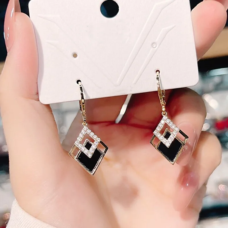 Luxuriöse Trendige Schwarze Doppelschicht-Ohrringe für Frauen, Koreanische Kristall-Zirkon Geometrische Ohrringe, Brautschmuck für Hochzeiten – Detail 2