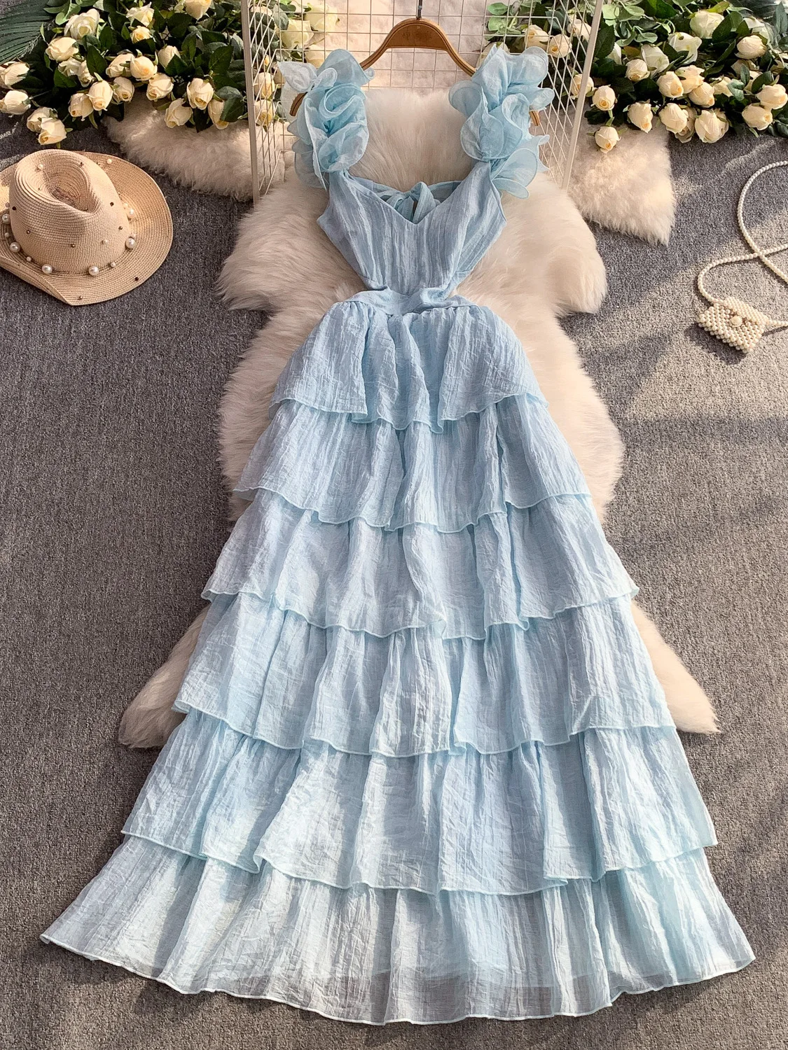 فستان تونيك صيفي مثير بدون ظهر للنساء، تنورة طويلة ضيقة عالية الخصر بأكمام جرس ورقبة على شكل حرف V، فستان من طبقات الشاش على ...