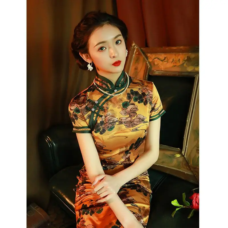 Yourqipao Old Shanghai Chinese Cheongsam Long Qipao Spring Summer New Temperament Improved Women Hanfu Formal Evening Dresses
