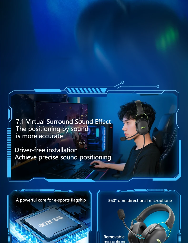 2025 Acer-Kopfhörer OHW200 7.1 Surround Sound Kabelgebundenes USB-Gaming-Headset mit Mikrofon-Geräuschunterdrückung – Gamer für PC, Laptop – Detail 3