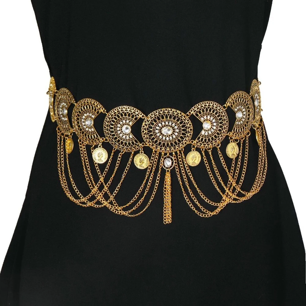 

Vintage Hollowed Moon Shape Multi Layer Cross Tassel Waist Belly Chains Boho Exotic Ethnic Dance Party Belt Women's Body Jewelry