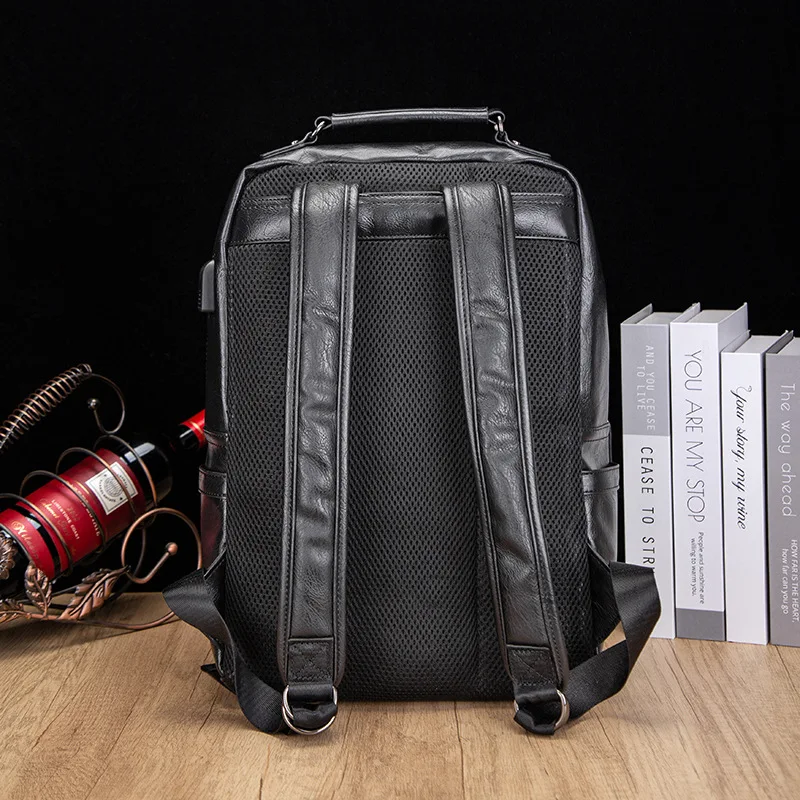 Casual retro stylish PU leather backpack with USB charging port