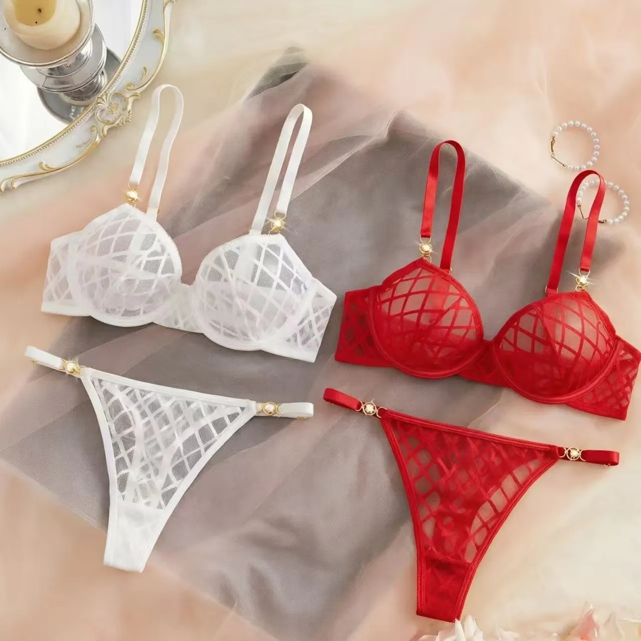 Pure Desire Women's Sexy Mesh Lingerie Set with Metal Rhinestone Decor Adjustable Strap Bra And Panty Set for Intimate Wear
