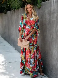 Boho Floral Print Long Dresses For Women 2024 Summer Autumn New Batwing Sleeve High Waist Slit Vacation Beach Party Dress Robe