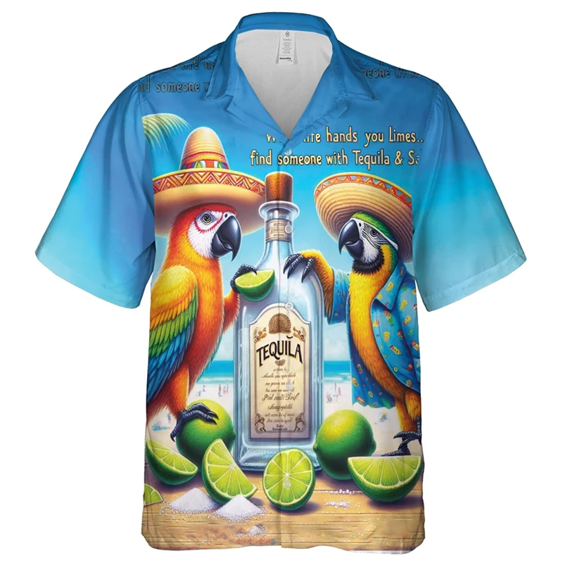 Parrot Lovers Beach Shirts Summer Hawaii Short Sleeve Shirt For Men Clothes Aloha Party Short Sleeve Male Vacation Lapel Blouse