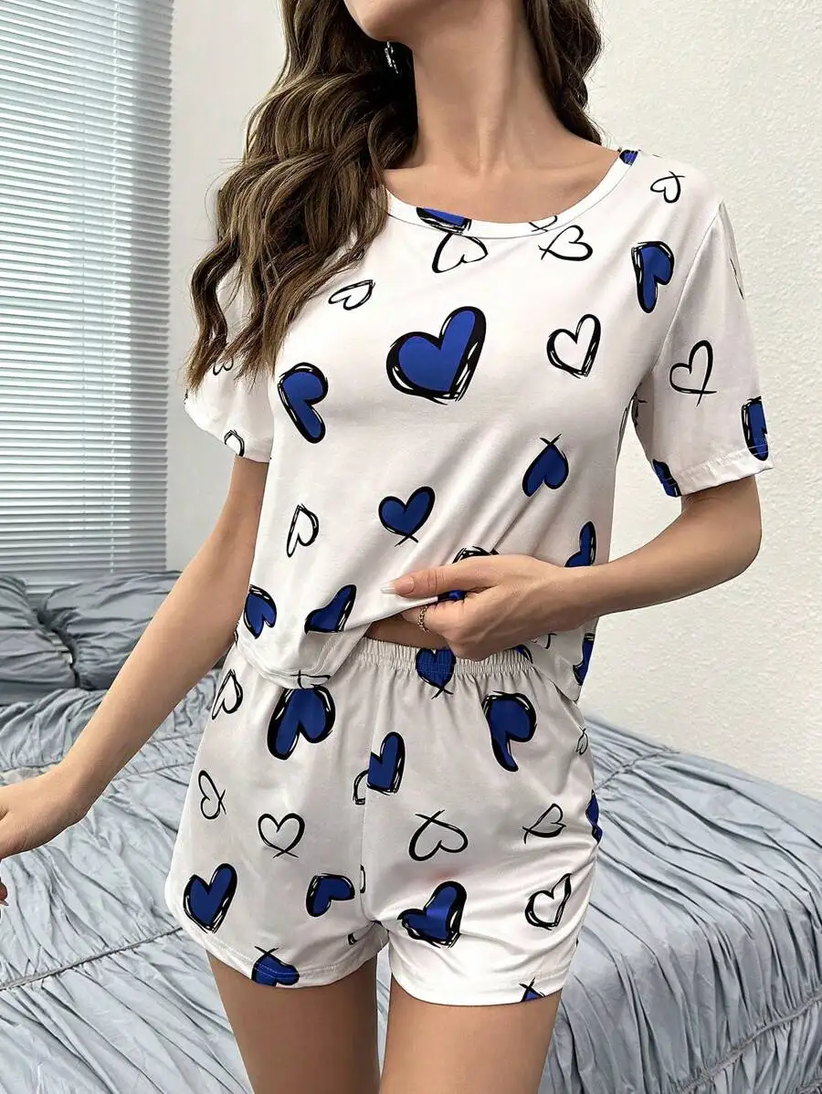 Heart Print Short Sleeve Pajama Set For Women