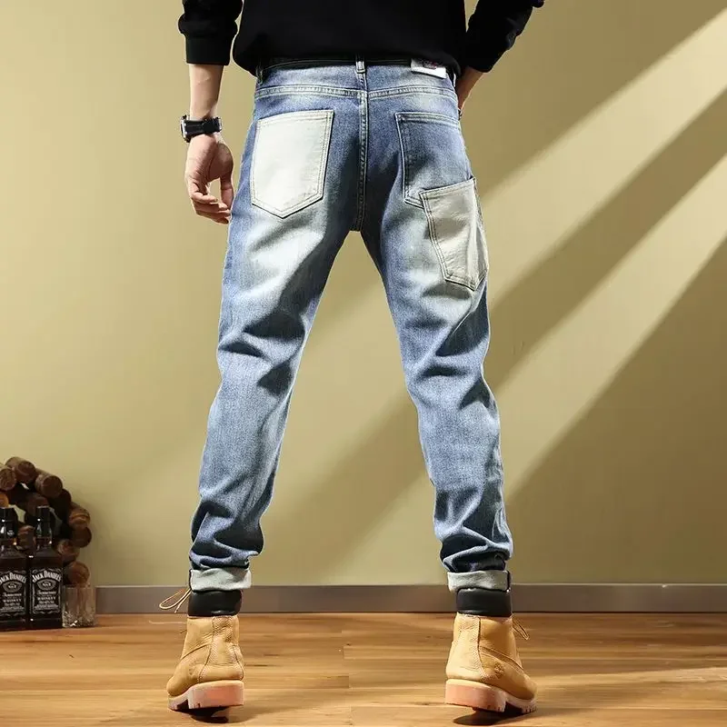 Men's Jeans Spliced Trousers Buggy Man Cowboy Pants Motorcycle Tight Pipe Elastic Stretch Skinny Slim Fit Aesthetic Cotton Xs