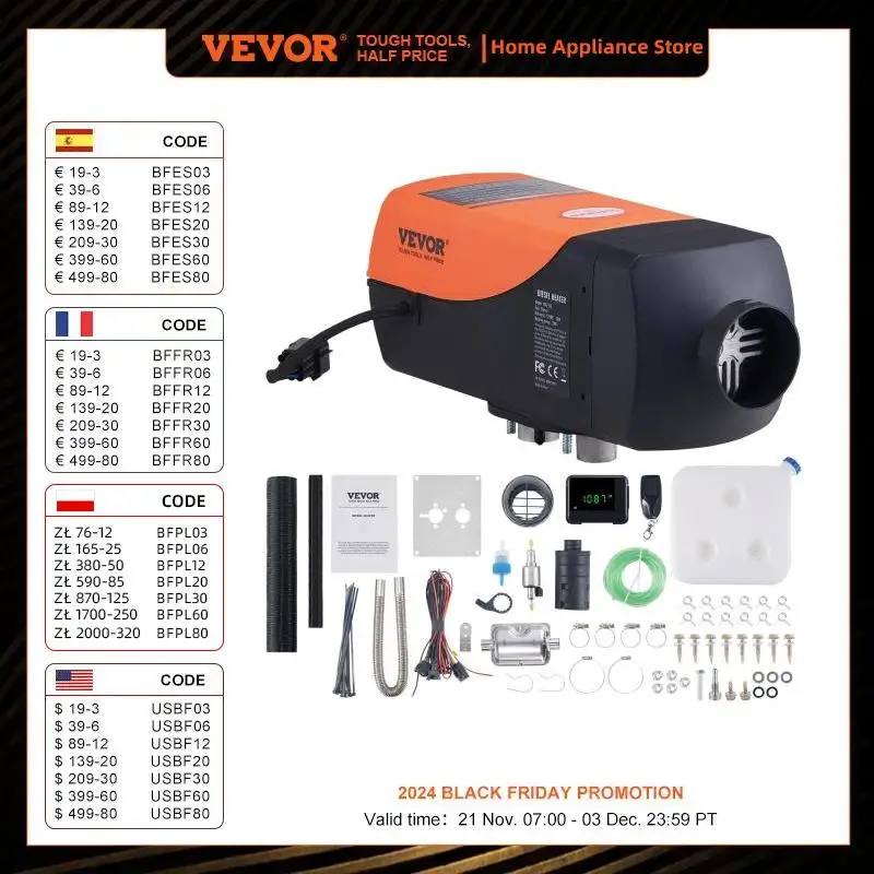 VEVOR Diesel Air Heater, 12V 2KW Diesel Heater w/Remote Control & LCD Display, 10L Fuel Tank Diesel Parking Heater,Rapid Heating